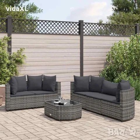 vidaXL Градински диван с възглавници, 6 части, полиратан, сив(SKU: 3308418), снимка 2 - Градински мебели, декорация  - 56010455