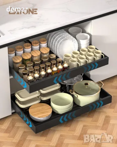 DAYONE 2 броя издърпващи се органайзера за шкафове, черни, въглеродна стомана 32-52 см, регулируеми, снимка 2 - Други стоки за дома - 50285238