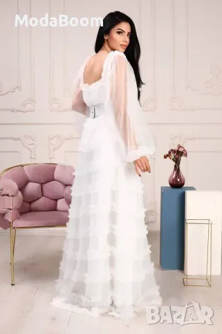 Вечерна рокля с дълги ръкави, деколте и тюл с волани в бяло, снимка 2 - Рокли - 48063325