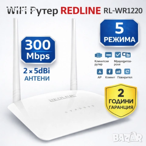 WiFi Рутер REDLINE RL-WR1220 – 300Mbps, 2x5dBi Антени, 5 Режима