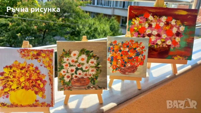 Малки рисувани картини с природа и море със статив , снимка 6 - Декорация за дома - 44423656