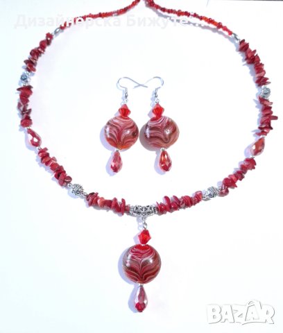 Прекрасен комплект бижута обеци и колие с червени Корали, кристали и ръчно изработени Мурано мъниста, снимка 6 - Бижутерийни комплекти - 42923968