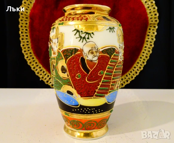 Порцеланова ваза Satsuma,злато,емайли,печат. , снимка 4 - Вази - 54081875