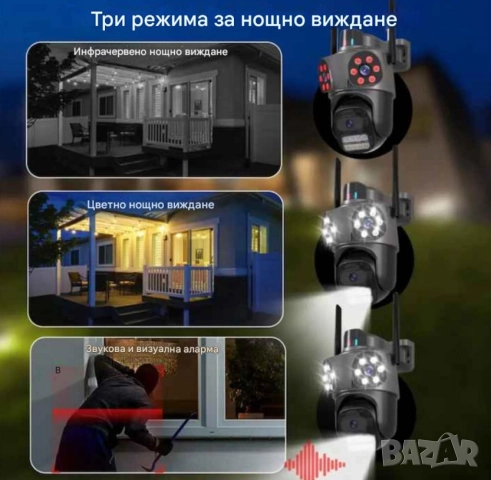 Тройна външна WiFi камера 9MP с аларма, 24 диода, iCSee, 64GB памет, снимка 8 - Друга електроника - 52004073