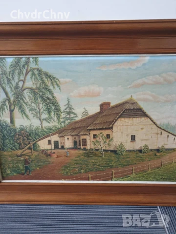 76х56см ферма/голяма картина масло върху платно/къща-хора-кладенец/дървена рамка, снимка 2 - Картини - 50896410