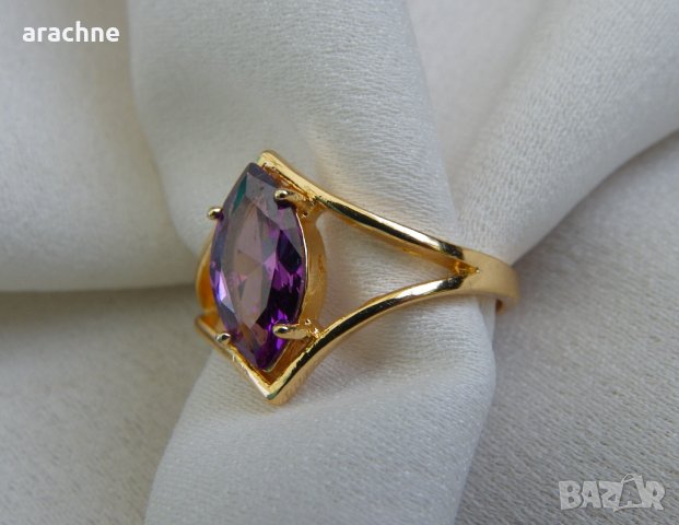 Позлатен сребърен пръстен с кунцит, снимка 2 - Пръстени - 30452307