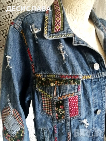 Дънково/деним яке M/L Котки ръчна декорация, снимка 2 - Якета - 52876559