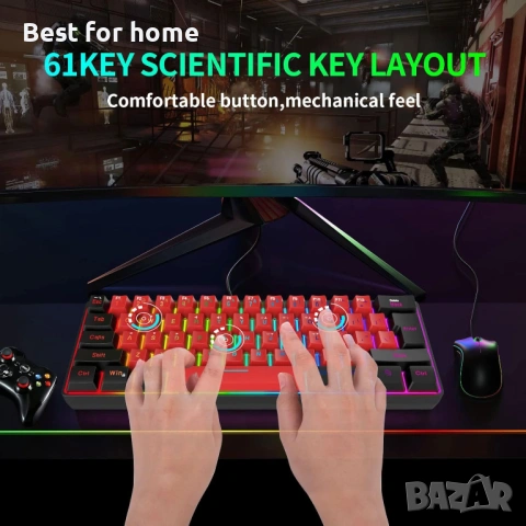 Snpurdiri кабелна геймърска клавиатура, True RGB малка компактна 61 клавиша , снимка 4 - Клавиатури и мишки - 53950076