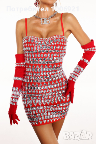 Мини бандажна рокля в червено с кристали, снимка 1 - Рокли - 44584816