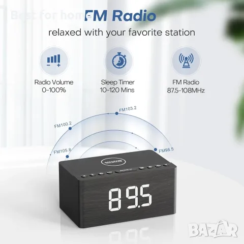ANJANK Дървен Bluetooth високоговорител с будилник и FM радио, безжична станция за зареждане , снимка 6 - Безжични зарядни - 55874482