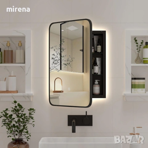 Вграден шкаф за баня, LED ЛЕД с огледало, черен, 3-цветни осветени, снимка 4 - Шкафове - 53144769