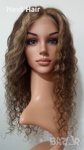 Афро къдрава естествена перука, кафява с руси кичури, 55 см, Lace 4х4