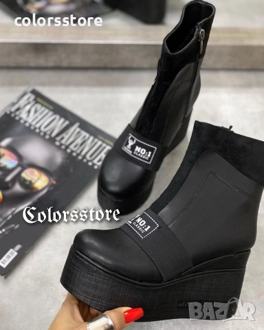 Боти на платформа - черна кожа - K135