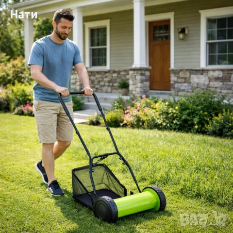 Ръчна косачка за трева с кош 40 см (16"), 5 остриета, регулируема височина 17–33 мм – Тиха, екологич, снимка 6 - Градинска техника - 54023536
