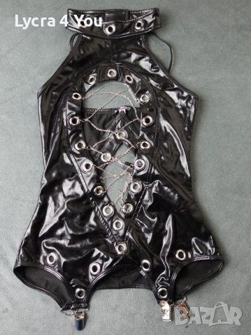 Saresia XS/S лачено боди със синджирчета и лачени чорапи в комплект, снимка 5 - Бельо - 40531811