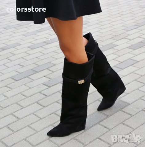 Ботуши на платформа - черен велур - K-40