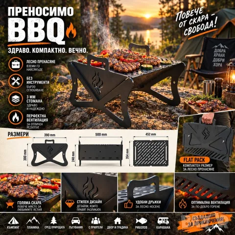 ПРЕНОСИМО FlatPack Барбекю– Здраво и Компактно. 3мм стомана. 75 €, снимка 3 - Барбекюта - 56085376