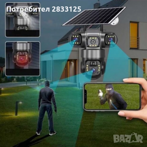 3311 - Соларна камера Lylu 4G със SIM и 4 лещи – автономно наблюдение без ток и Wi‑Fi, снимка 3 - Камери - 53877376