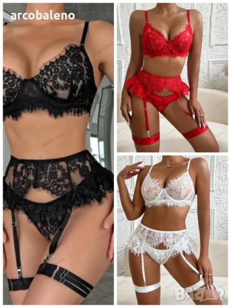 Дамски комплект бельо от четири части с дантелени тиранти, 3цвята , снимка 1