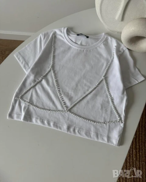 Кроп тениска с перли  , снимка 1