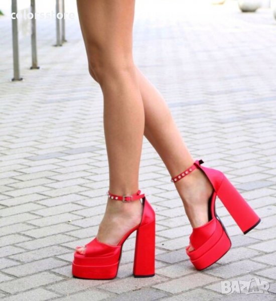 Сандали на ток - червен сатен - VS2, снимка 1
