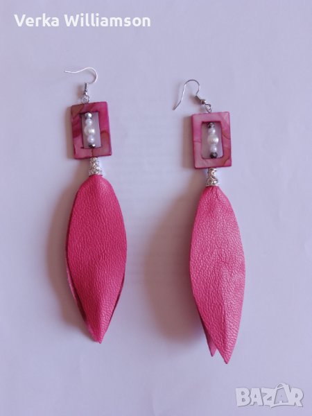 Розови обици от естествена кожа със седеф модел , снимка 1