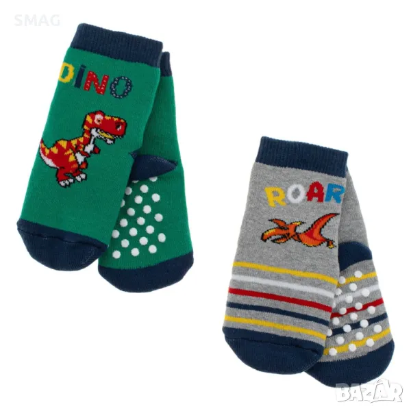 Бебешки противохлъзгащи се чорапи сиво зелени динозаври - 2 чифта S_1239374, снимка 1