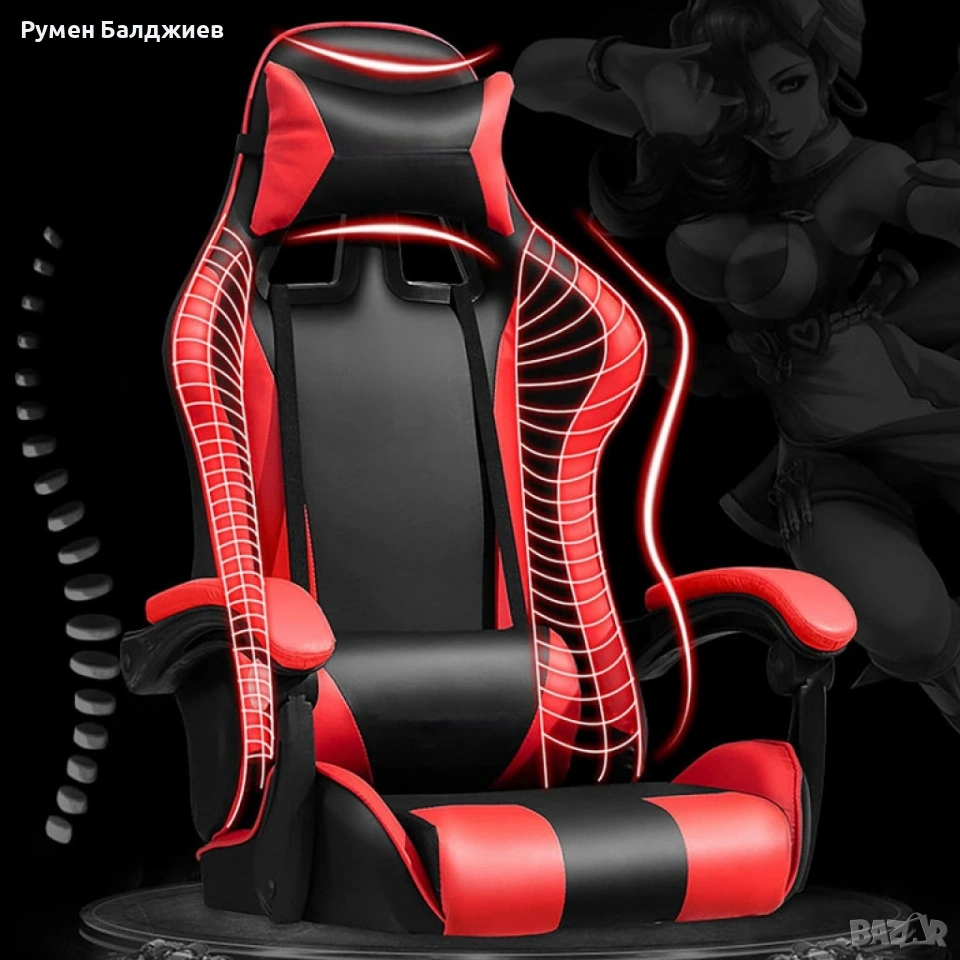 Геймърски стол с регулируема височина, лумбална възглавница и метална основа, снимка 1