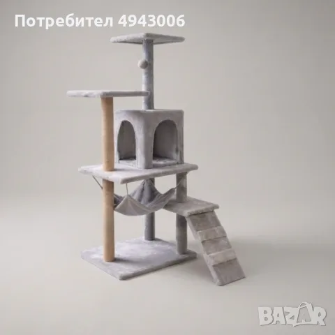 Многоетажна драскалка за котка с къщичка, хамак и платформи, 125 см, светлосива, снимка 2 - За котки - 56040064
