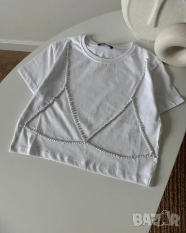 Кроп тениска с перли  