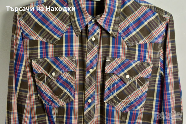 $148 Мъжка риза True Religion Western Pearl Button Snap Plaid Shirt 100% памук М, снимка 2 - Ризи - 50957431