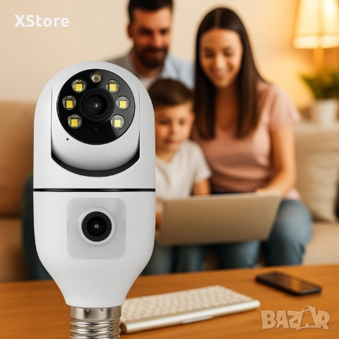 WiFi двойна IP камера за фасунга – Full HD 1080P, 355° въртене, нощно виждане и двупосочно аудио, снимка 3 - IP камери - 51413579