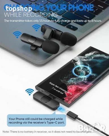 НОВИ ТЕСТВАНИ Безжичени микрофони Lavalier за iPhone / Android телефон / лаптоп, Plug-Play с щипка.., снимка 3 - Микрофони - 50577148