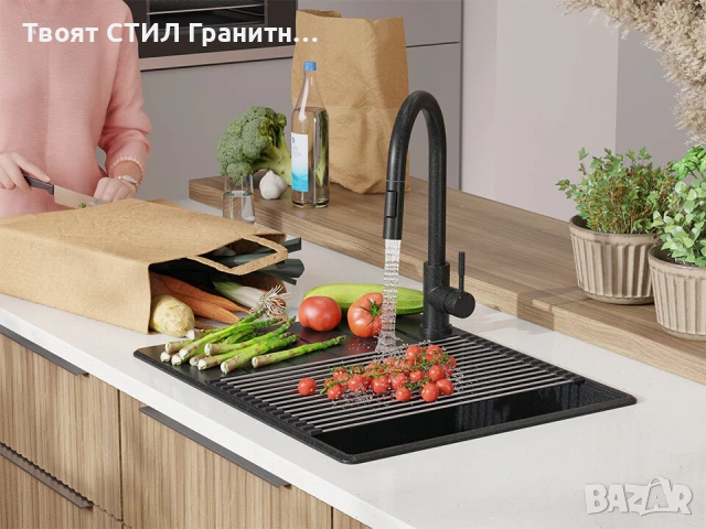 Графит кухненска гранитна мивка Копенхаген 50 Top 620х500, снимка 2 - Мивки - 51299483