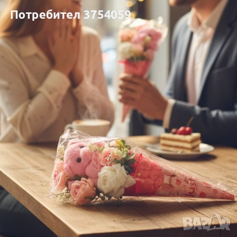 Декоративен подаръчен букет с плюшено мече и изкуствени цветя