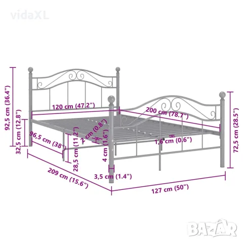 vidaXL Рамка за легло, сива, метал, 120x200 cм, снимка 8 - Спални и легла - 56146858