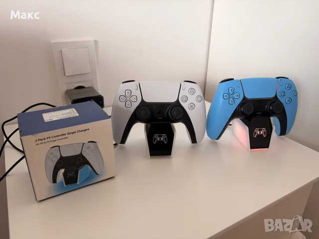 Оригинален джойстик DualSense PS5 като нов + RGB зарядна станция, бял/син
