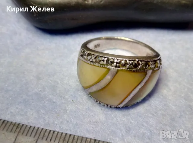 КРАСИВ СРЕБЪРЕН ПРЪСТЕН СРЕБРО 925 ИНКРУСТИРАН с ШЛИФОВАН КРАЛСКИ СЕДЕФ и ФАСЕТИРАНИ МАРКАЗИТИ 48581, снимка 2 - Пръстени - 49344047