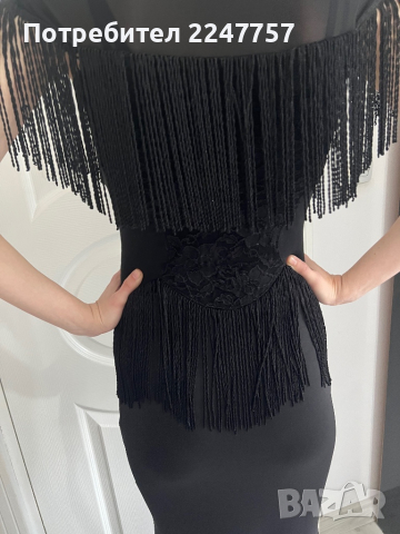 Черна дълга рокля с ресни размер S, снимка 6 - Рокли - 36474199