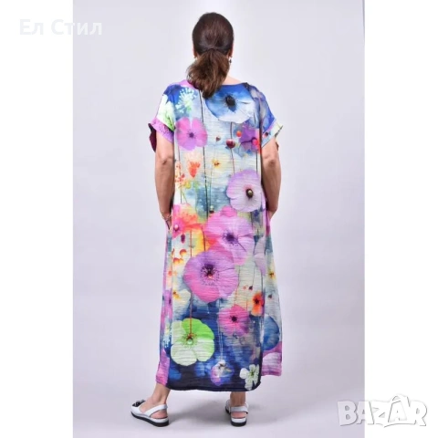 💕Рокля на цветя за едри жени с обло деколте и къс ръкав, снимка 4 - Рокли - 53943667