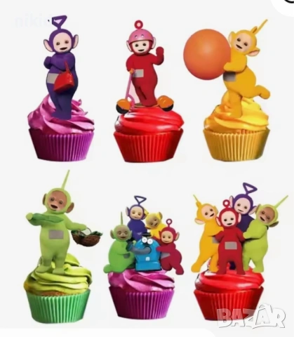 12 бр teletubbies Телетъбис Телетабис къси остри картонени топери за торта мъфини кексчета парти рож