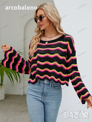 Дамски моден пуловер с дълги ръкави и кръгло деколте на райета, 2цвята - 023, снимка 2 - Блузи с дълъг ръкав и пуловери - 42305036
