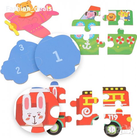 Нов комплект 6 броя дървен пъзел за деца 3+ години образователна играчка , снимка 4 - Образователни игри - 39797888