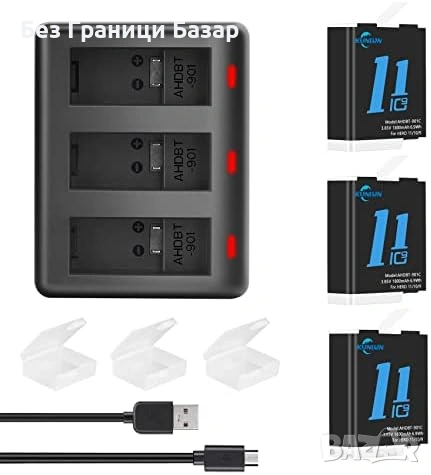 Ново USB Зарядно с 3 Батерии за GoPro Hero 12 11 10 9 Black екшън камера