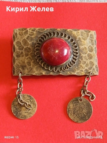 Винтидж брошка с филигран и червен камък АХАТ монети 52267
