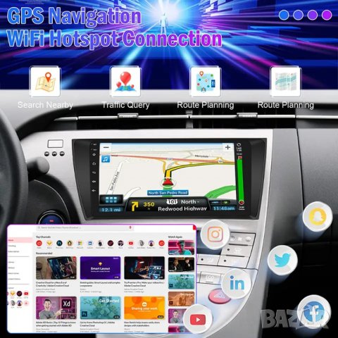 Мултимедия, за Toyota PRIUS, Двоен дин, Навигация, дисплей 2 Дин, плеър, 9“ екран, Android, Андроид, снимка 6 - Аксесоари и консумативи - 40151592