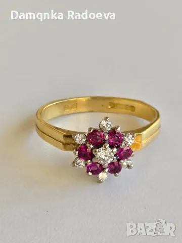 Златен пръстен с Диаманти и Рубини 18 карата проба 750, снимка 16 - Пръстени - 49783320