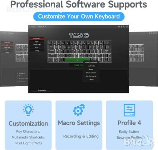 Геймърска клавиатура TMKB T63, механична безжична, Bluetooth, 2.4G, с кабел, RGB подсветка, снимка 8 - Клавиатури и мишки - 53359685