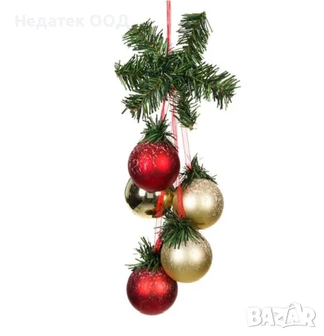 Коледна, Декоративна,  Украса, Клонка, 6 топки, Червен-Златен, 38см