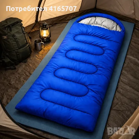 Туристически спален чувал 2 в 1 с качулка, 210 × 70 см, син, снимка 4 - Къмпинг мебели - 56196424